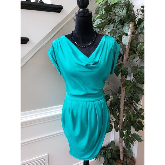 BCBGMAXAZRIA Rowan Dress Womens Small Blue Empire Waist Pleated Wrap Cowl Neck - Picture 1 of 12